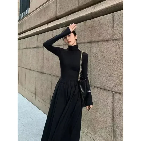 New French Style Temperament Women's High-Grade Black Dress Hepburn Style Gray Turtleneck Dress for Women Autumn Winter DF4964 - Image 4