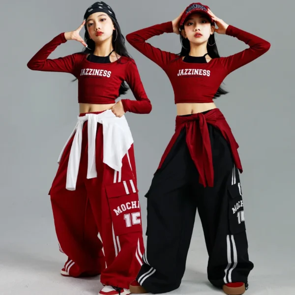 Kids Fashion Hip Hop y2k Longsleeve T-shirt Pants Set For Girls Performance Costume Stage Outfit Child Dance Suit Street Wear - Image 14