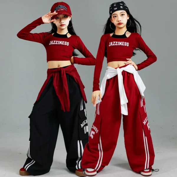 Kids Fashion Hip Hop y2k Longsleeve T-shirt Pants Set For Girls Performance Costume Stage Outfit Child Dance Suit Street Wear - Image 15