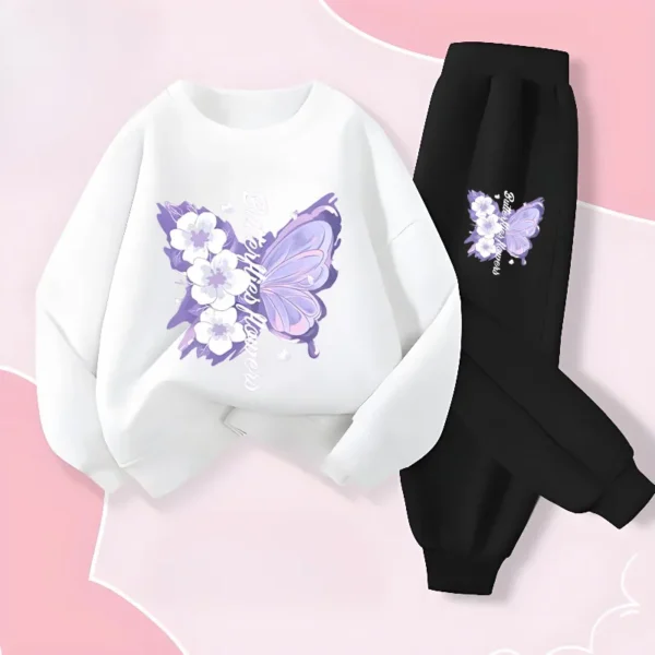 Spring Long Sleeved Top Long Pants Two Piece Sets for Girls Elegant Butterfly Printed Hoodies Suit Children's Outfits Tracksuit - Image 3