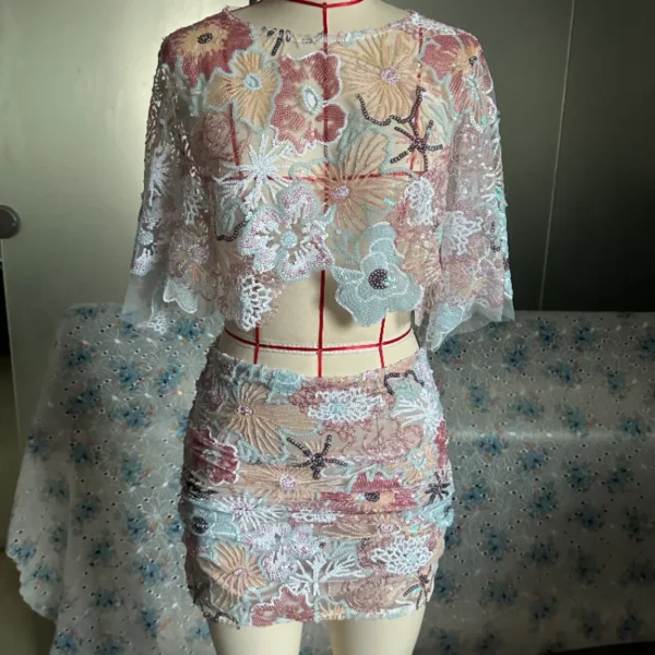 Printed Crop Top Skirts Set Women Embroidery Sequin See Through Short Sleeve Shirt Slim Fit Short Skirt Summer Beach Outfit - Image 17