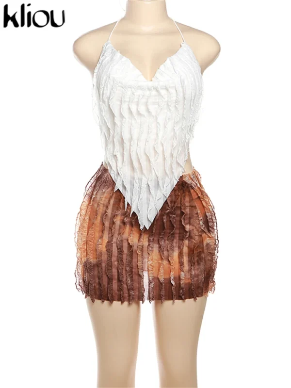 kliou Summer Women Mini Mesh Two Piece Set K23S37851 Girl Print Ruched Halter Camisole+Hip Skirt Outfit Dance Club Attire - Image 10
