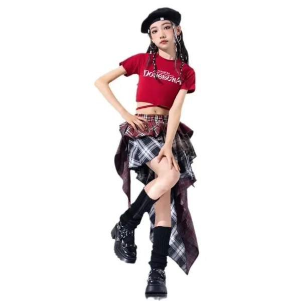 Hip Hop Girls Crop Top Plaid Street Dance Skirt Kids Ribbon Pleated Skirts Teens Jazz Cool Costumes Child Streetwear Clothes Set - Image 13