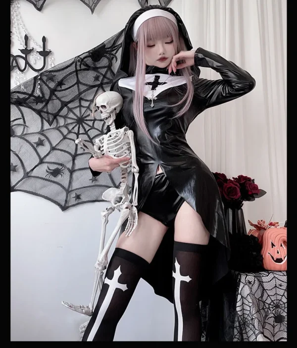 Halloween Latex Nun Costumes Women Black Leather Bodysuit With Headwear Nun Cosplay Dress Outfits Carnival Party Clothes - Image 13