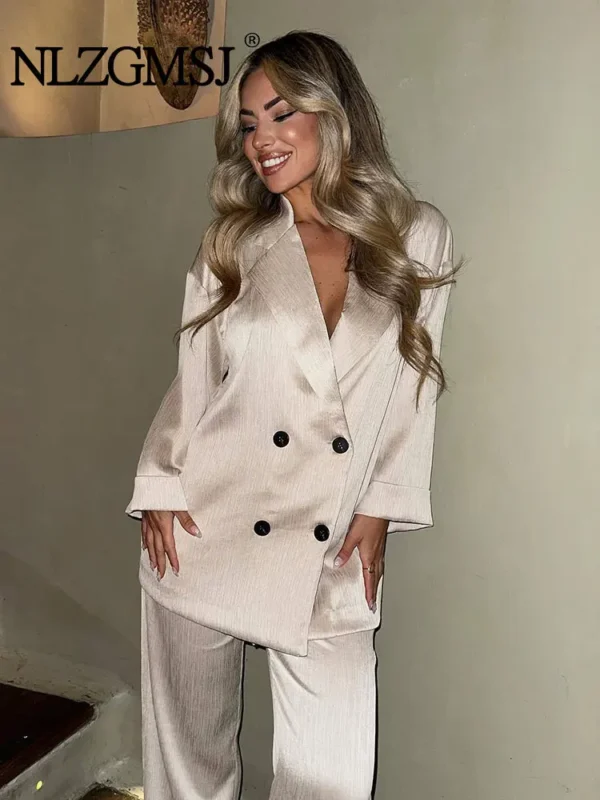 2025 Autumn Women Casual Blazer Coat Pants Set Long Sleeve Double Breasted Blazer + Wide Leg Trousers Lady Office Outfit