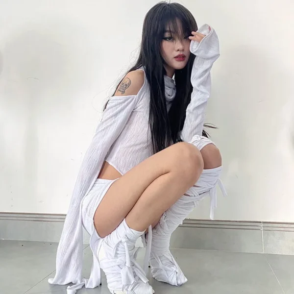 Hooded Soild Hollow Out Two Piece Sets Womens Outfits Short Skirt Asymmetries Clothes Silm Streetwear Strapless Sleeves Top - Image 22