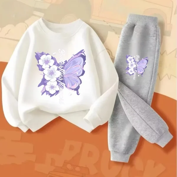Spring Long Sleeved Top Long Pants Two Piece Sets for Girls Elegant Butterfly Printed Hoodies Suit Children's Outfits Tracksuit - Image 8