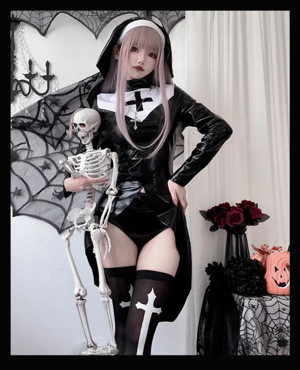 Halloween Latex Nun Costumes Women Black Leather Bodysuit With Headwear Nun Cosplay Dress Outfits Carnival Party Clothes - Image 12