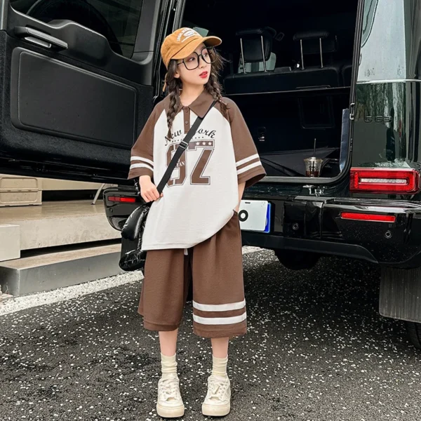 Summer Casual Girls Cotton Contrast Striped Preppy t-Shirt Tops+Short Pant Sets School Kids Tracksuit Child 2PCS Outfit 5-16Yrs - Image 2