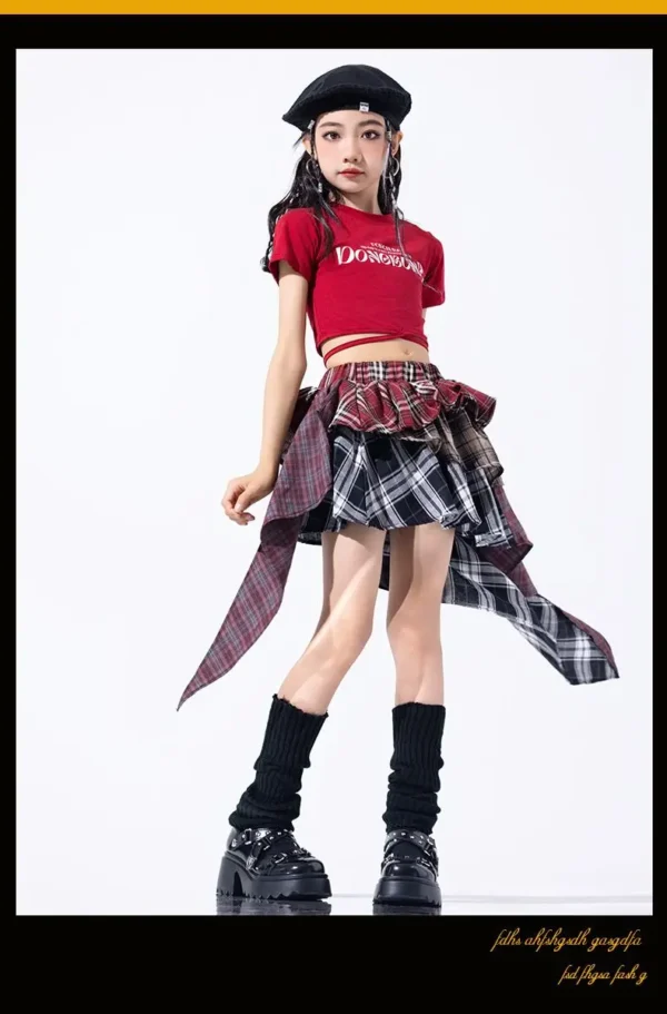 Hip Hop Girls Crop Top Plaid Street Dance Skirt Kids Ribbon Pleated Skirts Teens Jazz Cool Costumes Child Streetwear Clothes Set - Image 27