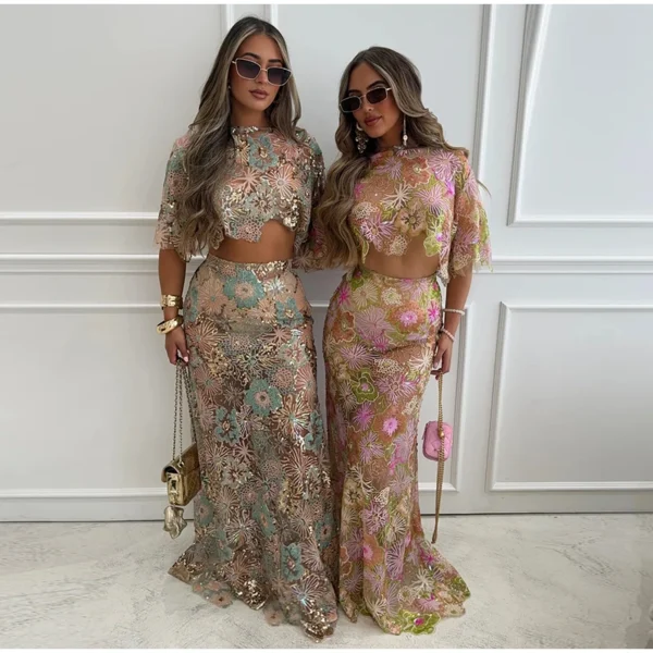 Printed Crop Top Skirts Set Women Embroidery Sequin See Through Short Sleeve Shirt Slim Fit Short Skirt Summer Beach Outfit - Image 30