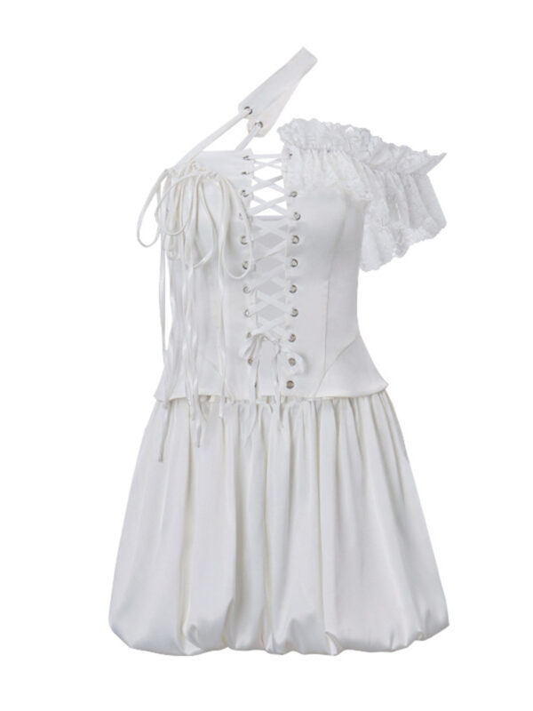 Women 2 Piece Outfits Lace Patchwork Irregular Bustier Tops and Mini Skirt Set for Streetwear Aesthetic Clothes - Image 16