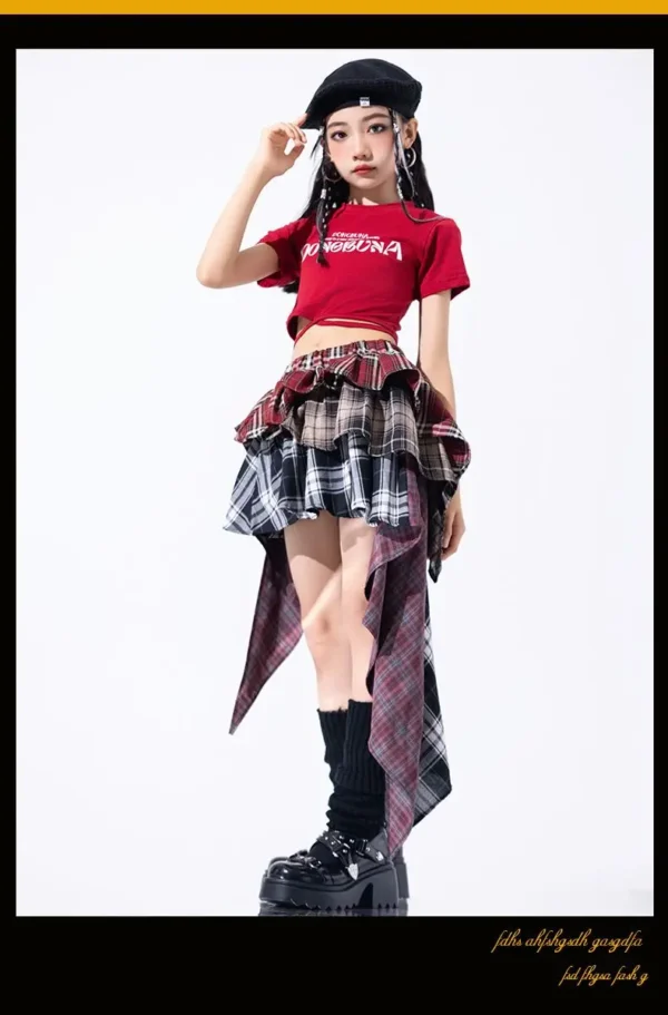 Hip Hop Girls Crop Top Plaid Street Dance Skirt Kids Ribbon Pleated Skirts Teens Jazz Cool Costumes Child Streetwear Clothes Set - Image 31