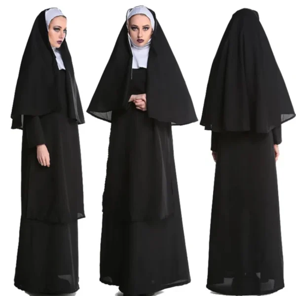 New Medieval Cosplay Women and Men Nun Costumes Priest Monastery Maria Halloween Carnival Party Performance Black Clothing - Image 3