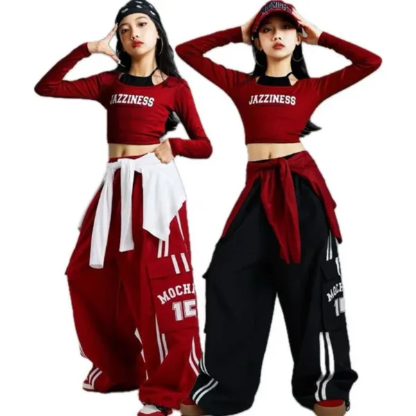 Kids Fashion Hip Hop y2k Longsleeve T-shirt Pants Set For Girls Performance Costume Stage Outfit Child Dance Suit Street Wear