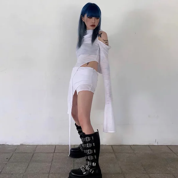 Hooded Soild Hollow Out Two Piece Sets Womens Outfits Short Skirt Asymmetries Clothes Silm Streetwear Strapless Sleeves Top - Image 16
