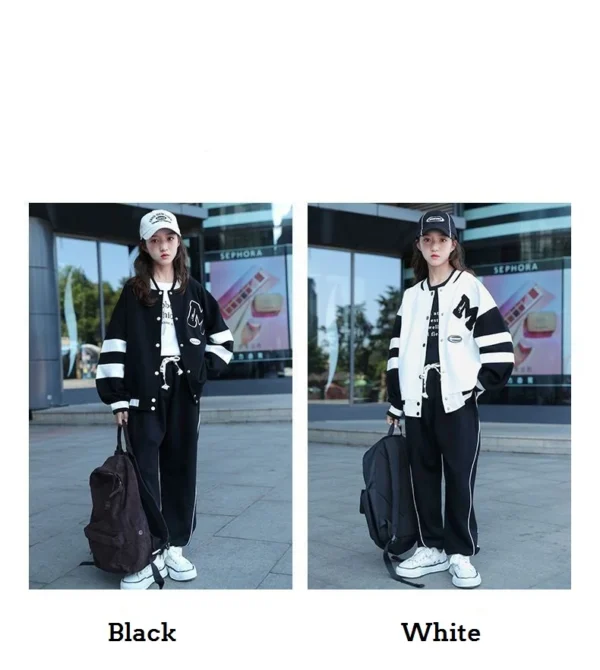 Girls Contrast Alphabet Single-breasted Sweat Varsity Jacket+Drawstring Sweatpant Set School Kids Tracksuit Child Outfit 3-14Yrs - Image 10